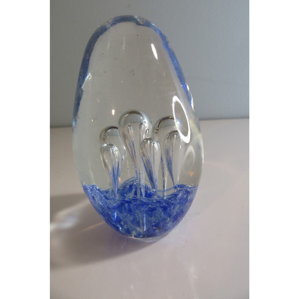 Glass Paper Weight Egg Shape Bubbles Rising From Blue